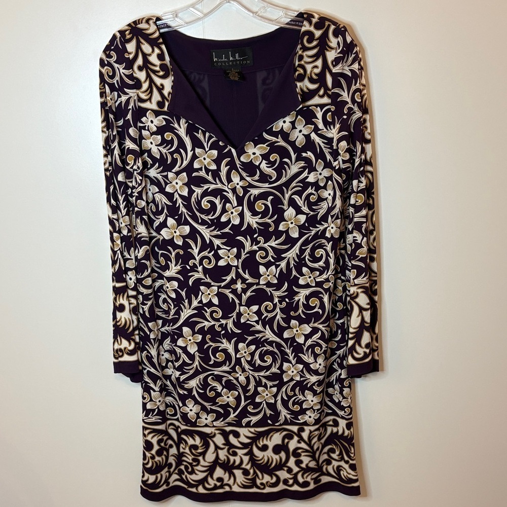 Elegant Long Sleeve Floral Dress in Purple and Cream